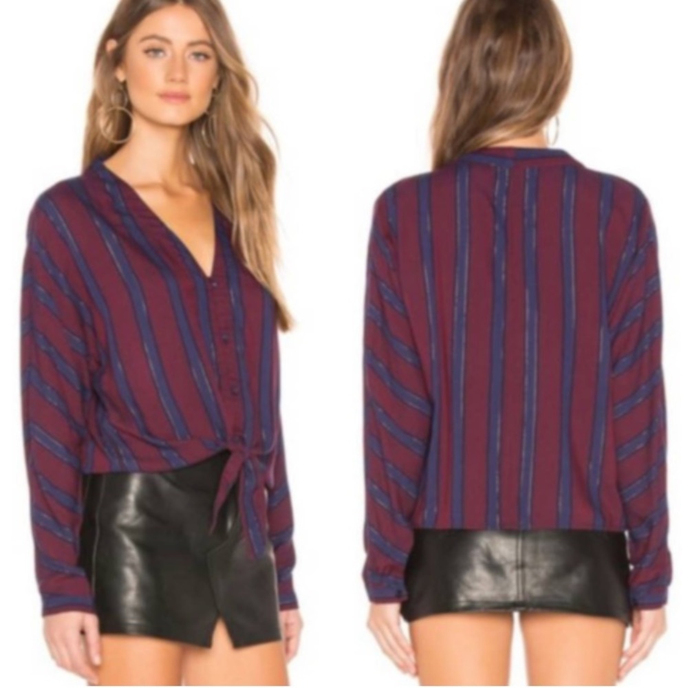 Rails Sloane Janeiro Blue & Burgundy Striped Button Front Tie Hem Blouse Top NEW